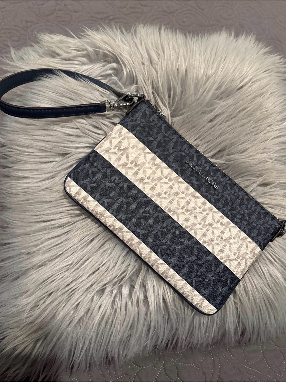 Michael Kors Navy and Cream Striped Wristlet Clutch